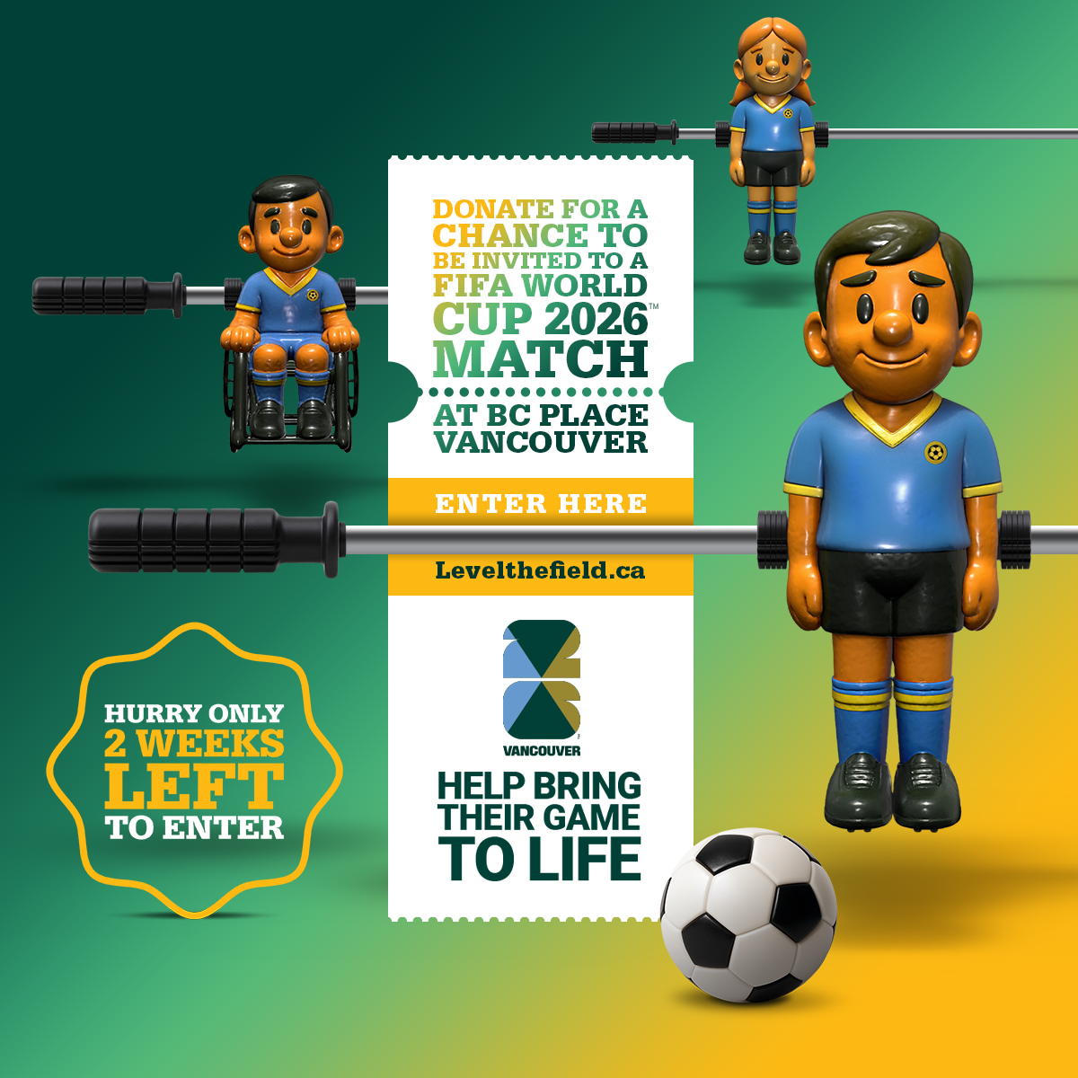 LTFCharity's tweet photo. 🎉 Only TWO WEEKS LEFT until the FINAL prize draw! 🎉 Want a chance to be inside the action at a FIFA World Cup 26™ match at BC Place in Vancouver?
All you have to do is donate $26 or more to Level The Field! ⚽💙Don’t miss out⏳🔥
https://t.co/rsWANcGAAu
@FWC26Vancouver https://t.co/Wb1gQZE9nk