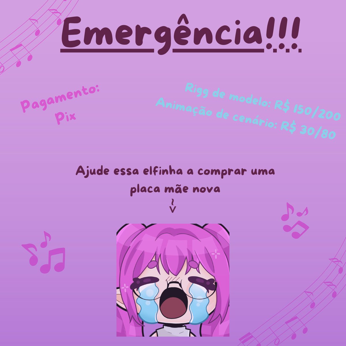 Oi oi minha querida orquestra

Hoje venho com uma notícia triste, a placa mãe do meu Pc tá morrendo e eu não tenho um emprego para que eu consiga trocar por uma nova, então estou abrindo comissão de rigg de modelo Vtube e animação de cenário!

+