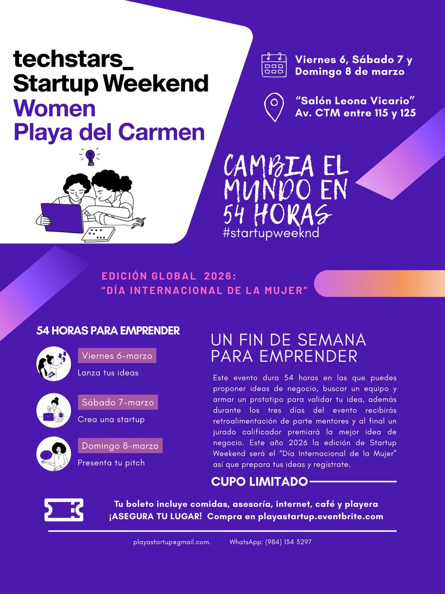 playastartup's tweet photo. ¡TODO LISTO! Para el mejor evento de emprendedores y esta edición conmemora el #DíaInternacionaldelaMujer 💜🚀 #Techstars #StartupWeekend #Women #PlayadelCarmen

📅 Fechas: 6, 7 y 8 de marzo
📍 Lugar: Salón Leona Vicario, Playa del Carmen

🎟️ Boletos: https://t.co/5rZxwgBzdo https://t.co/epwLLejoO1