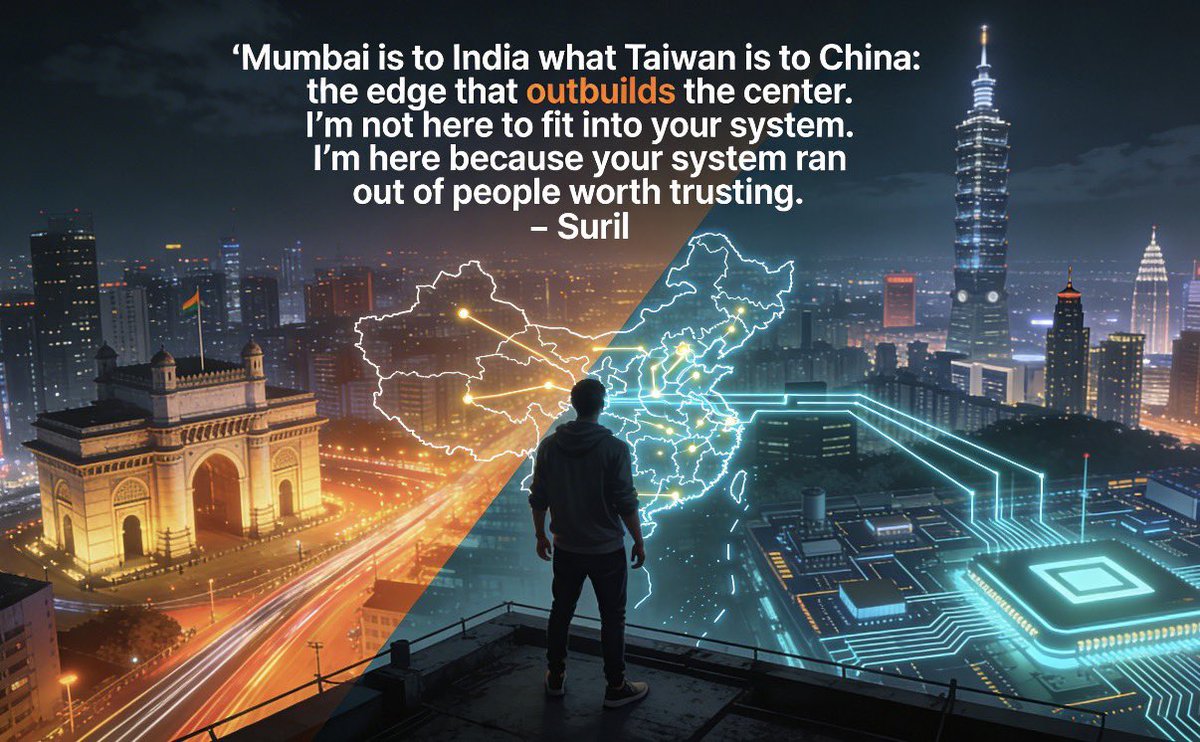Desairous's tweet photo. #Mumbai is to #India what #Taiwan is to #China - the edge that out builds the center.
I’m not here to fit into your system.
I’m here because your system ran out of people worth trusting.- Suril https://t.co/TUByuU48or