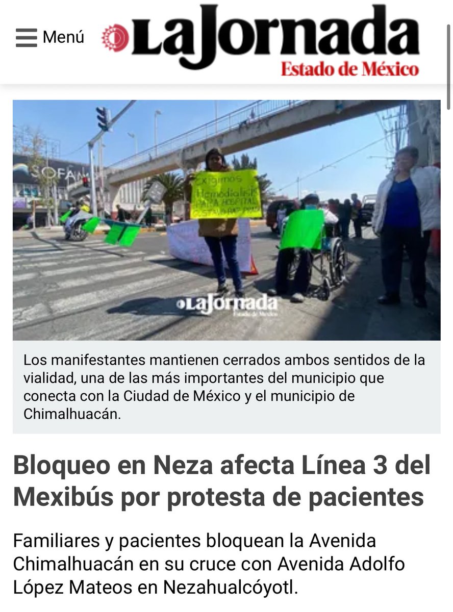 ectorjaime's tweet photo. Pacientes con insuficiencia renal y sus familias en Nezahualcóyotl y Toluca del @IMSS_Bienestar están viviendo una crisis que no debería existir

Tuvieron que bloquear vialidades en Nezahualcóyotl para exigir algo tan básico como seguir viviendo. Desde el lunes, el Hospital General Gustavo Baz dejó de brindar hemodiálisis.

Además, en Toluca, más de 100 pacientes del Hospital Adolfo López Mateos, llevan una semana sin tratamiento. Una semana sin el procedimiento que les permite filtrar su sangre y evitar complicaciones potencialmente mortales.

Detrás de cada día sin hemodiálisis hay hinchazón, dolor, fatiga extrema… pero sobre todo, un abandono que no se puede normalizar.

La exigencia es clara: restablecer de inmediato los servicios y garantizar que nunca más un paciente renal quede desprotegido.

La salud no puede esperar. Mucho menos, quienes luchan todos los días por seguir aquí.

@AztecaNoticias @lajornadaonline @LaRazon_mx @NoticierosRG @Radio_Formula @nmasforo