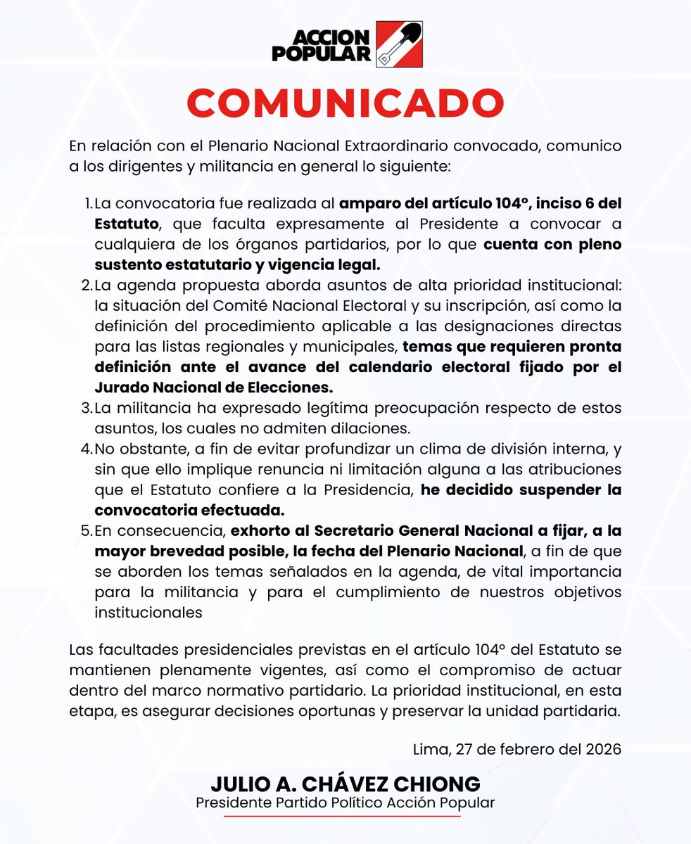 AccionPopular's tweet photo. Comunicado de la Presidencia de @AccionPopular sobre la suspensión del Plenario Nacional extraordinario convocado para este sábado 28/02/2026.
Adelante! https://t.co/UbO2J3x1lh