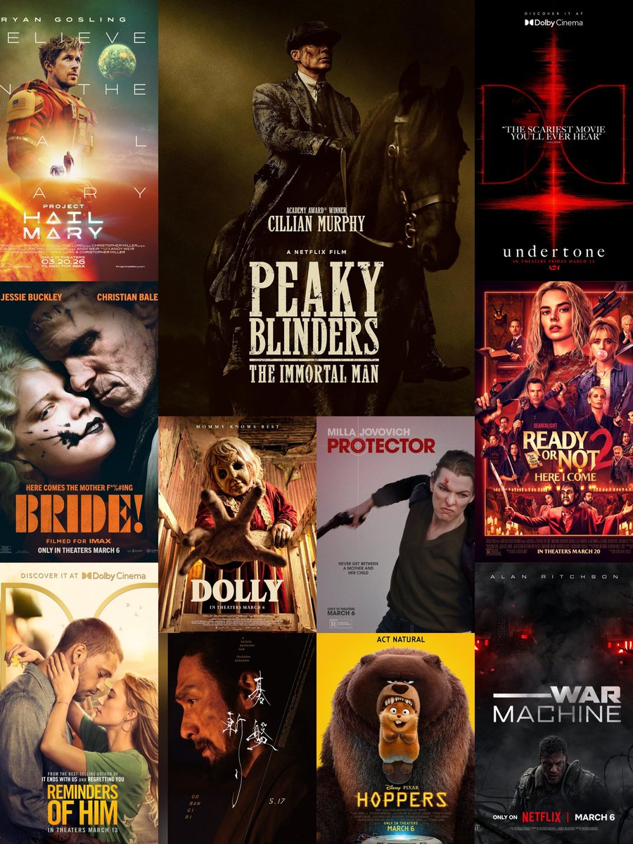 N1Scenes's tweet photo. ابرز افلام شهر مارس
#Hoppers -Mar6
#TheBrideMovie -Mar6
#PeakyBlindersTheImmortalMan -Mar6 (Netflix Mar20)
#WarMachine -Mar6
#Dolly -Mar6
#Protector -Mar6
Bushido 🇯🇵-Mar13(USA)
#RemindersOfHim -Mar13
#Undertone -Mar13
#ProjectHailMary -Mar20
#ReadyOrNot2 - Mar20 https://t.co/rbape3I9yH