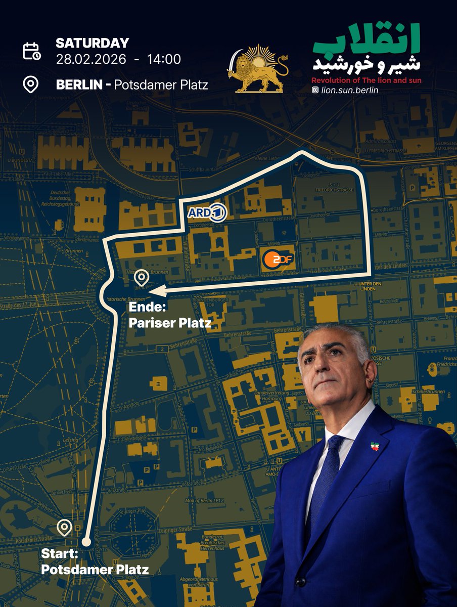 Memarchitektam's tweet photo. بچه‌ها فردا برلین به شدت مهمه.
فردا در مسیر تظاهرات میریم به سمت دفتر ARD و ZDF برای اعتراض به پخش اخبار دروغ.
حتما بیاید.
این پوستر رو توی اینستاگرامتون شئر کنید مسیر رو ببینن همه.
#IranMassacre #IranRevolution2026‌ https://t.co/STZOuQXr8V