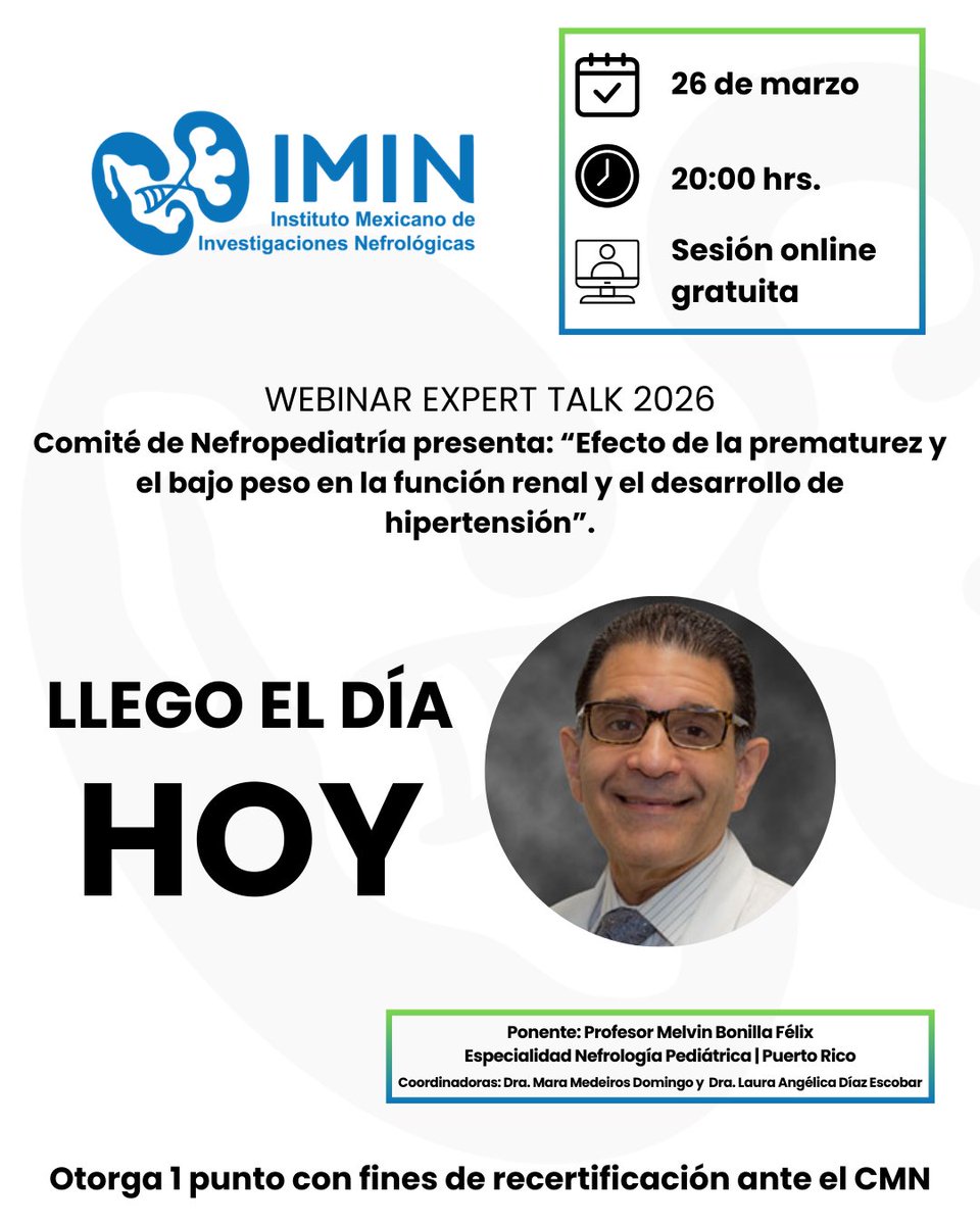 IMINmx's tweet image. ¡LLEGÓ EL DÍA, ES HOY!

Prepárate para nuestro segundo Webinar Expert Talk 2026. ✨

📅 Jueves 26 de marzo | 20:00 hrs.
🖥 Acceso Gratuito | Modalidad Virtual.

…r.virtualcongress.integrameetings.com/imin_nefrologia

#WebinarIMIN #IMIN #SomosIMIN #ExpertTalk2026
