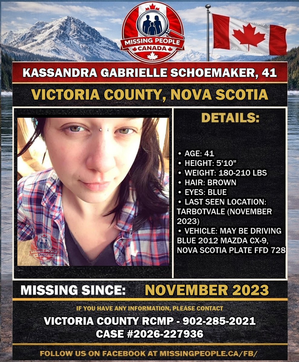 Missing_CA's tweet photo. 🔗 Full story: https://t.co/7MrmReHhSl 

🧭 MISSING WOMAN IN VICTORIA COUNTY, NOVA SCOTIA – KASSANDRA GABRIELLE SCHOEMAKER, 41 – LAST SEEN NOVEMBER 2023 

📍 #CapeBreton #NovaScotia #NS #VictoriaCounty https://t.co/2nh0yy8yYX
