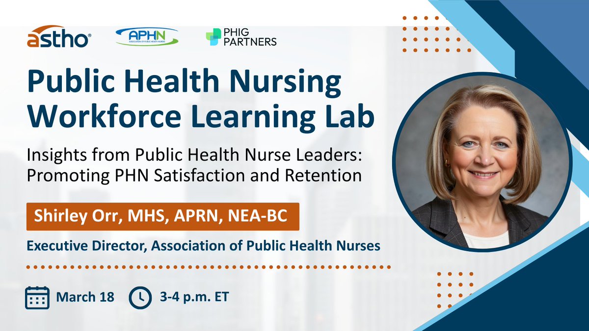 Join the Public Health Nursing Workforce Learning Lab on March 18 for a panel on promoting public health nurse satisfaction &amp; retention. Hear strategies from <a href="/VDHgov/">Va Dept of Health</a>, <a href="/mnhealth/">mnhealth</a>, <a href="/SanDiegoCounty/">SanDiegoCounty</a>, &amp; <a href="/SC_DPH/">South Carolina Department of Public Health</a>.

To register: discover.astho.org/3MFDIVO.
<a href="/PHNurse_org/">AssnPubHlthNurses</a> <a href="/CDCgov/">CDC</a> <a href="/NNPHI_ORG/">NNPHI</a>