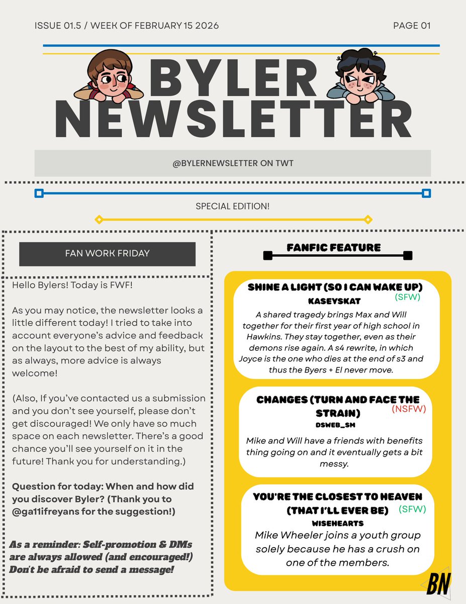 BylerNewsletter's tweet photo. Hi Bylers! Happy FWF! Are you looking forward to the weekend? :) https://t.co/Ug7Q4PzIAB
REMINDER: submissions, self-promo & recommendations are always allowed AND encouraged! https://t.co/7QSH32u5I3