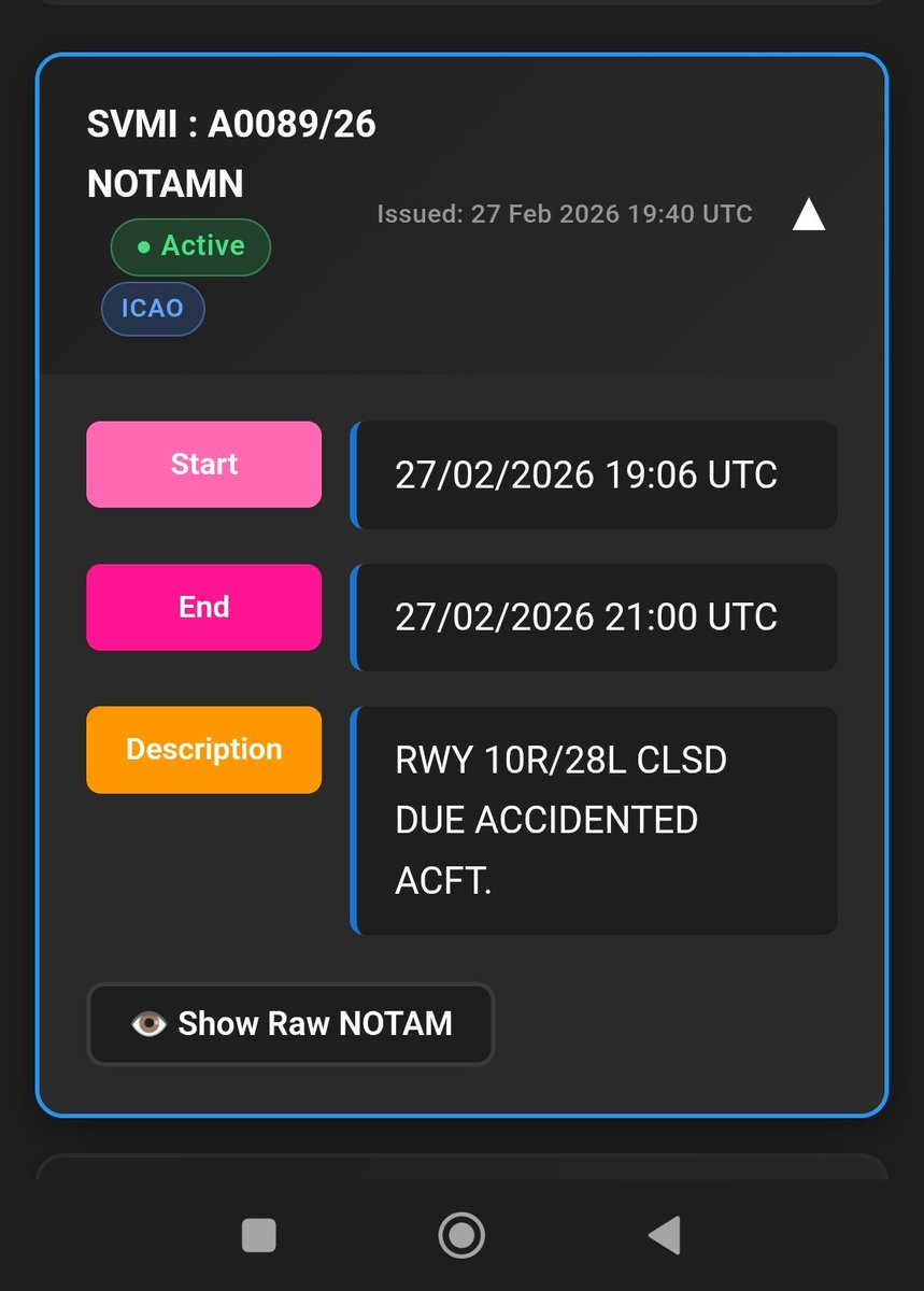 notam_viewer's tweet image. 🚨 RWY 10R/28L CLSD DUE ACCIDENTED ACFT.
⚠️ Check latest #SVMI NOTAMs 
✈️ Maiquetía Simón Bolívar International Airport
🇻🇪 #Venezuela
#NOTAM
🔗 notams.online/?location=SVMI