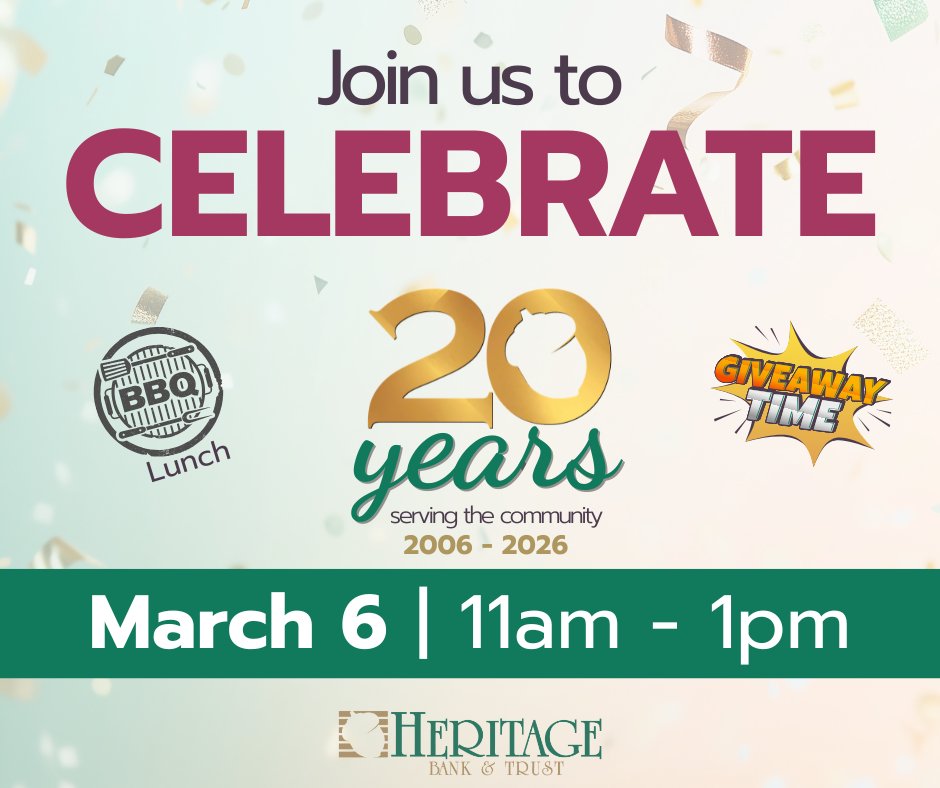 Join us to celebrate 20 YEARS serving the community!

Visit any of our locations on Friday, March 6 from 11am – 1pm for a BBQ lunch and giveaways!

We look forward to seeing you there!

#20years #weloveourcommunity #truecommunitybanking #justgettingstarted