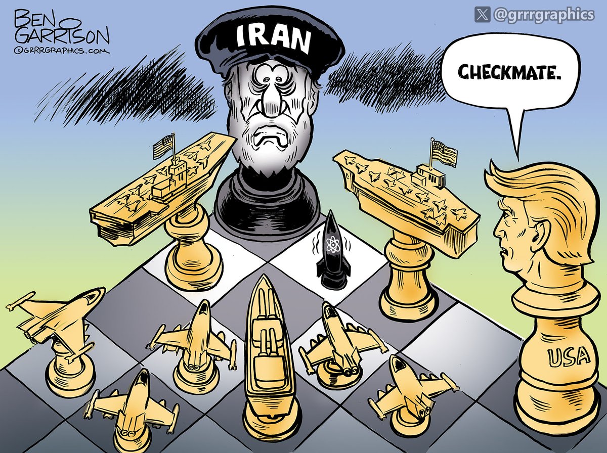 GrrrGraphics's tweet image. Is Iran about to find out?
#FlashbackFriday  Ben Garrison cartoon
We know tyrants are only checked by military force. The mullahs will play a cat and mosque game, but Trump plays 4D chess and is already forcing a checkmate.

Deal or no deal? Time will tell.
#Iran  
#FAFO
