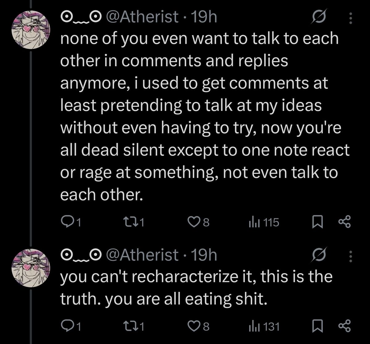 Zoichi20's tweet photo. @Atherist Because the person who replied to you is right, you want people to interact and comment but it is off-putting when you just talk down to people reading your post, like in this thread, and reply aggressively to any criticism by claiming the people giving it want you to die. https://t.co/n0JrELHSLY