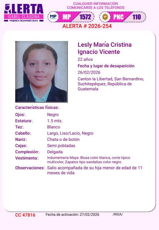#AlertaIsabelClaudina
🚨 Ayúdenos a encontrar a

Lesly María Cristina Ignacio Vicente

Desapareció el 26 de febrero de 2026
Cualquier información comunicarse al teléfono 📞 1572
Gracias por difundir esta información❗