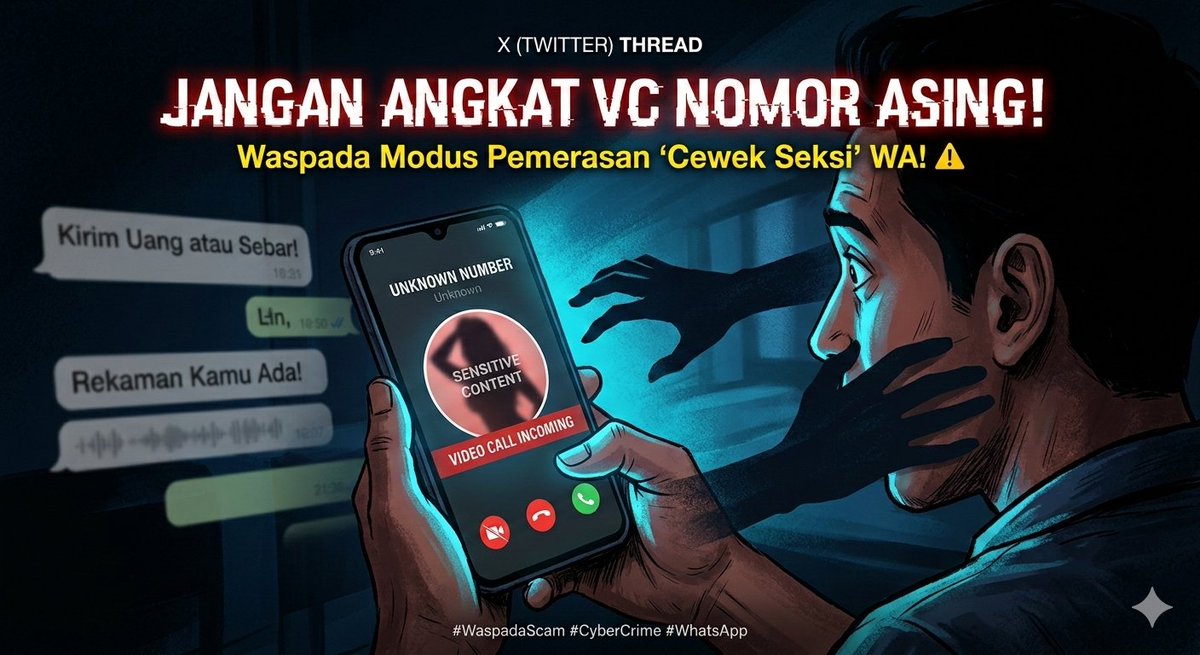 richiesadha's tweet photo. "Angkat Video Call 5 detik, rugi 10 juta. Kok bisa? 💸
​Di balik foto profil cewek cantik di WA itu, ada sindikat pemeras yang siap ngerekam wajah kamu buat bahan 'ancaman'. Jangan sampai nyesel belakangan!
​Bongkar modusnya di sini! 🧶👇 https://t.co/zUQncRKJjo