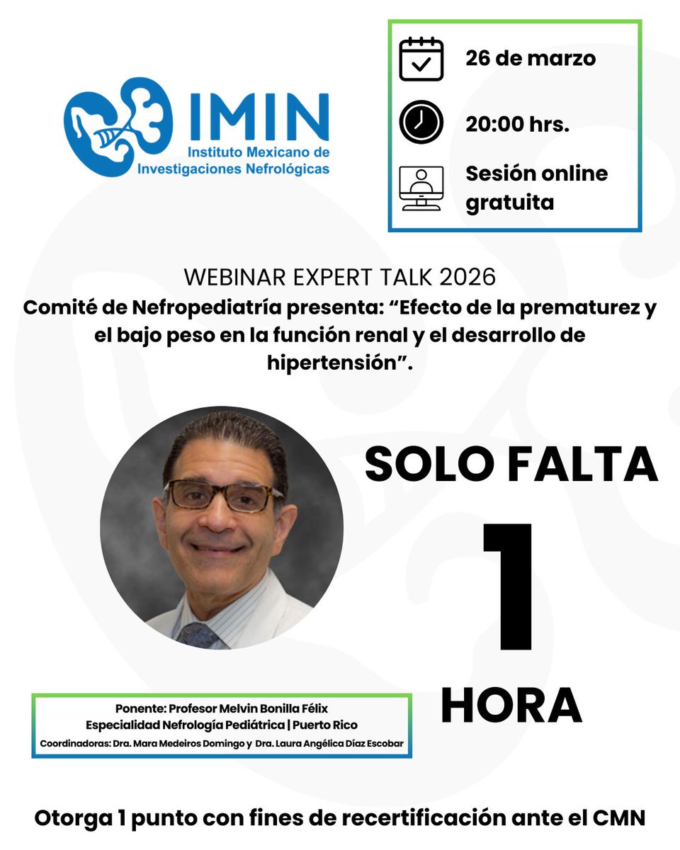 IMINmx's tweet image. ¡SOLO FALTA UNA HORA PARA COMENZAR!

Prepárate para nuestro segundo Webinar Expert Talk 2026. ✨

📅 Jueves 26 de marzo | 20:00 hrs.
🖥 Acceso Gratuito | Modalidad Virtual.

…r.virtualcongress.integrameetings.com/imin_nefrologia

#WebinarIMIN #IMIN #SomosIMIN #ExpertTalk2026
