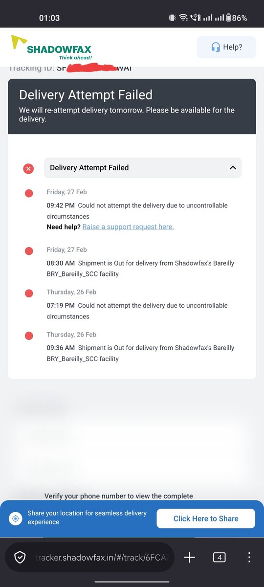 K_5_B_5's tweet photo. @shadowfax_in shadowfax_in Shipment marked “attempt failed” twice without actual delivery attempt. Agent claims no big vehicle available &amp; misbehaves on calls. Ground floor address. This is clear service failure. Immediate action required. https://t.co/EVO0JZ16ji