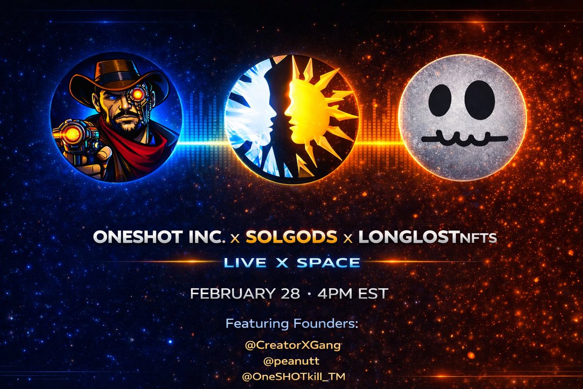 Show up bring your A game... ask away!

Chance to meet some great founders!

<a href="/Solgodsnfts/">SolGods</a> <a href="/LongLostNFT/">Long Lost</a> <a href="/1shot_inc/">1shot_Inc</a> 

<a href="/CreatorXGang/">CreatorX</a> <a href="/peanutt/">Peanut</a> <a href="/OneSHOTkill_TM/">1SHOT</a> 

x.com/i/spaces/1wGWj…

Gonna be a banger!!

Special thanks to <a href="/Nightmare27987/">Nightmare</a> for his artwork... ur a G!