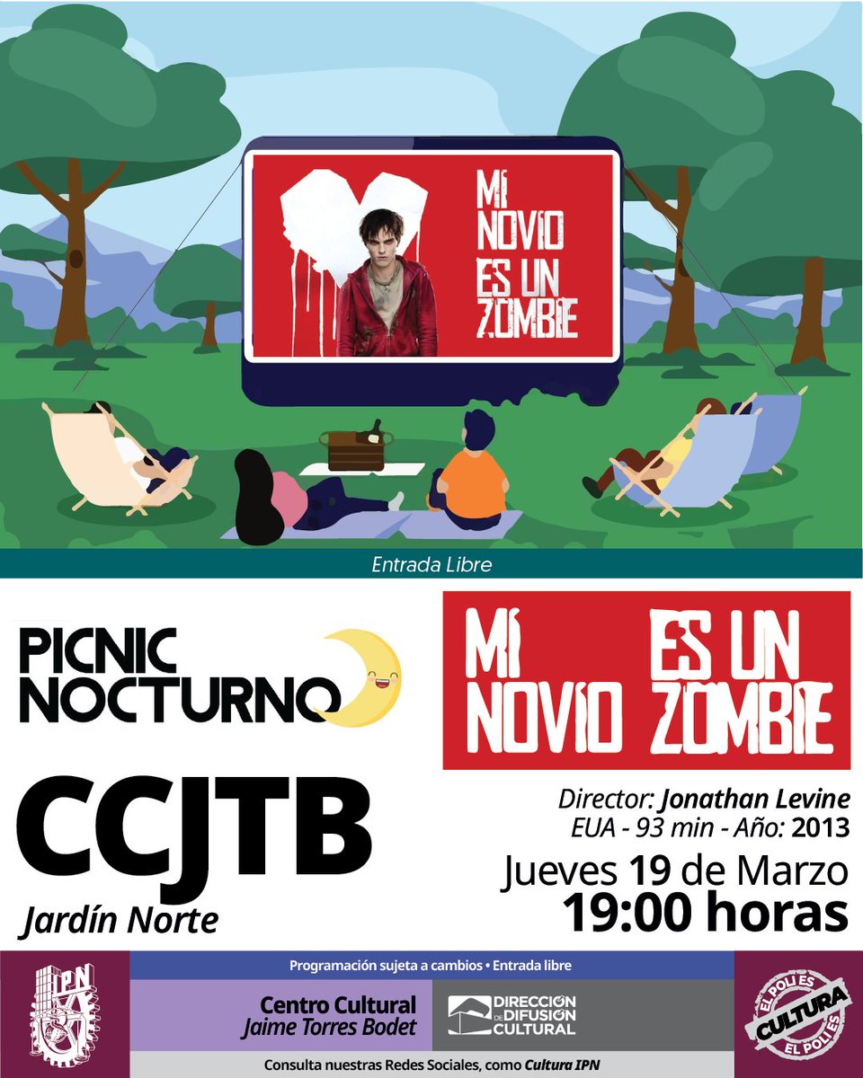 #CineEnElQueso Marzo 2026. "Mi novio es un zombie" (2013). #PicnicNocturnoDDC.

📅 Jueves 19 de marzo. ⏰ 19:00 horas.📍#JardínNorteDDC, #CCJTB. 🎟️ #EntradaLibre.

<a href="/sse_ipn/">Secretaría de Servicios Educativos IPN</a>.
#ElPoliEsCultura.