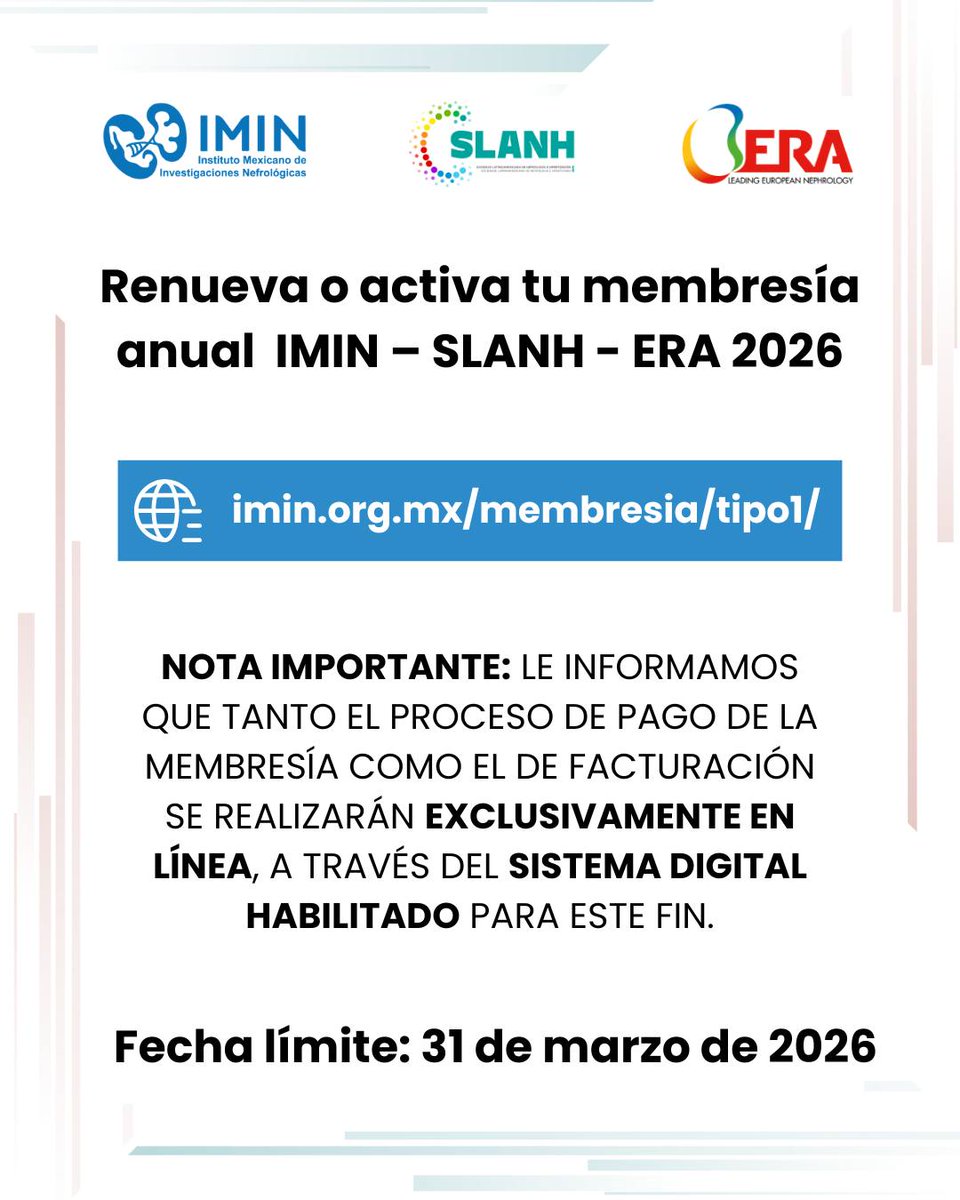 IMINmx's tweet image. Activa o renueva tu Membresía Anual IMIN – SLANH – ERA 2026 y sé parte de una comunidad internacional comprometida con la educación, la investigación y el crecimiento profesional en nefrología.

imin.org.mx/membresia/tipo…

#IMIN #SLANH #ERA #MembresíasMúltiplesIMIN