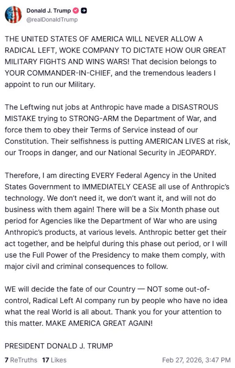 HAMMER of JUSTICE: The kids at Anthropic just learned a hard FAFO lesson from the president. Defense contractors don’t get a veto on the weapons they sell the military. We elect our leaders we don’t allow them to enter into contracts with woke AI vendors to give them a veto over