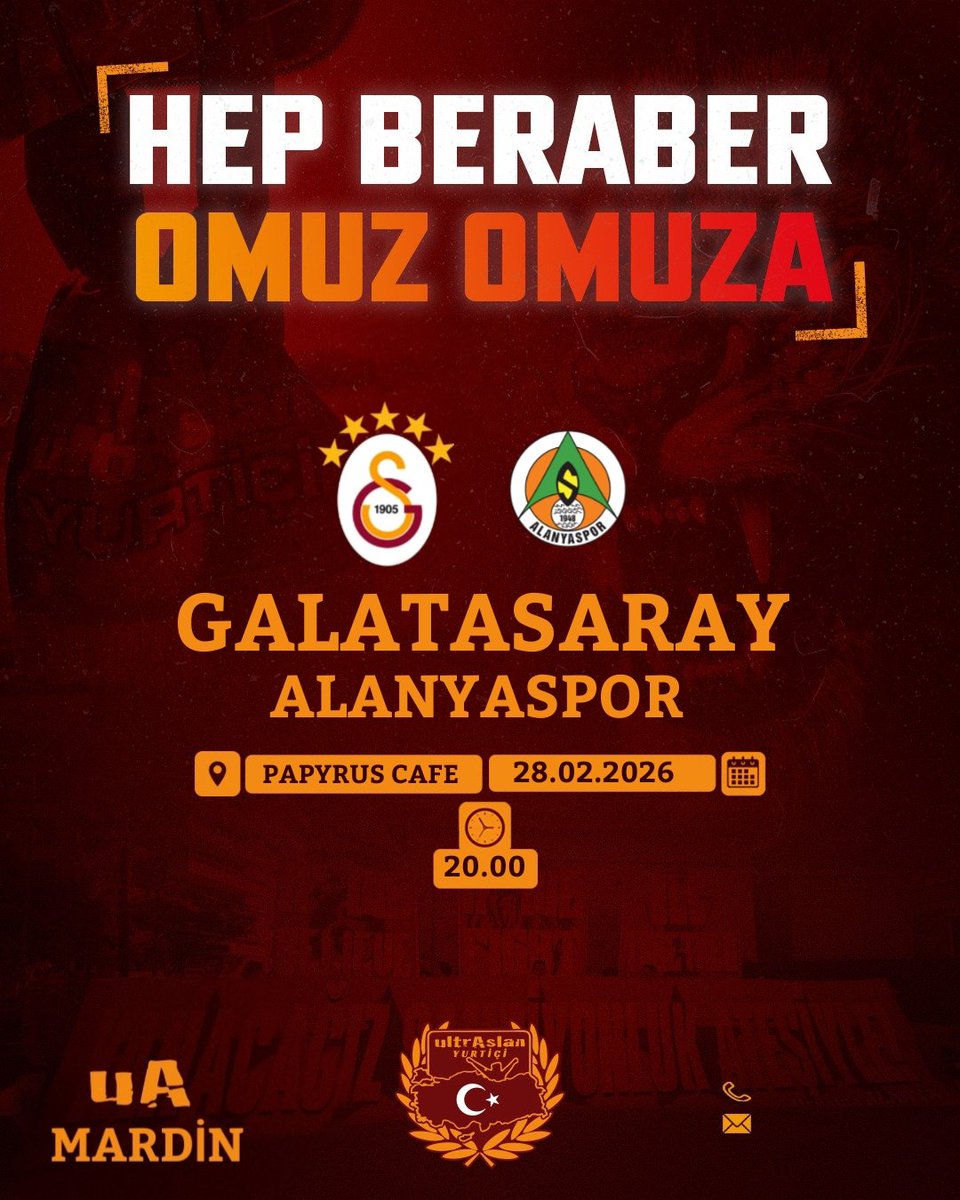 #BugünGünlerdenGALATASARAY

Galatasaray'ımızın Alanyaspor ile oynayacağı süper lig maçını hep beraber omuz omuza izliyoruz

🗓️ :28.02.2026

📍:PAPYRUS CAFE

🕗: 20.00

💵:50TL

#uAYurtiçi

#uAMardin