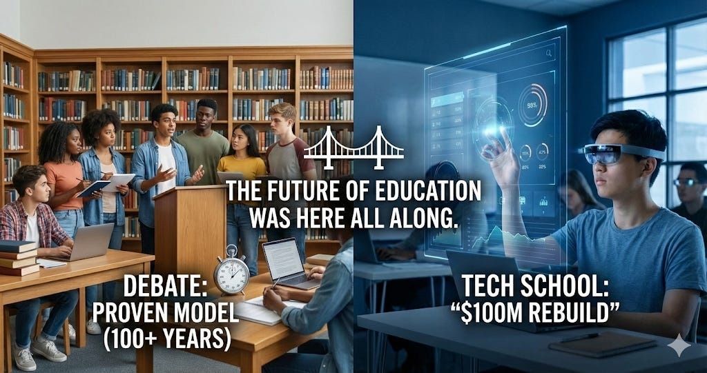 Stefan Bauschard says a heavily-funded private school called Alpha School is being praised as revolutionary for using teaching methods that high school debate programs have used for over 100 years—like coaching instead of lecturing, advancing based on skill not time, and making