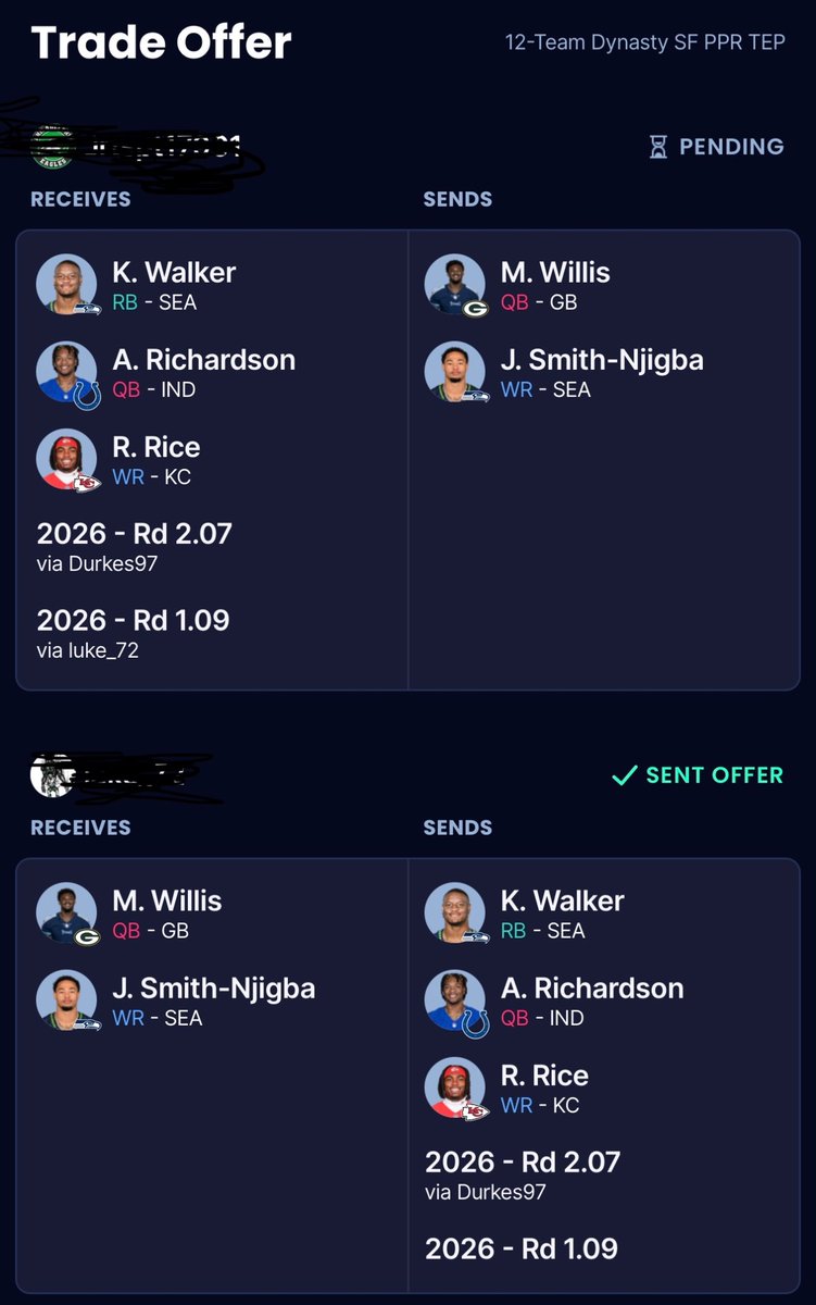 ShawnTo50354308's tweet photo. @FFDynastyTrades Thoughts on this trade offer. 12 team PPR Dynasty. I would be the team getting rice and Walker. Do I stand pat with JSN. Or do I accept this trade? I won the league last year but don’t have 26 or 27 picks. https://t.co/sdI8lnIMpE