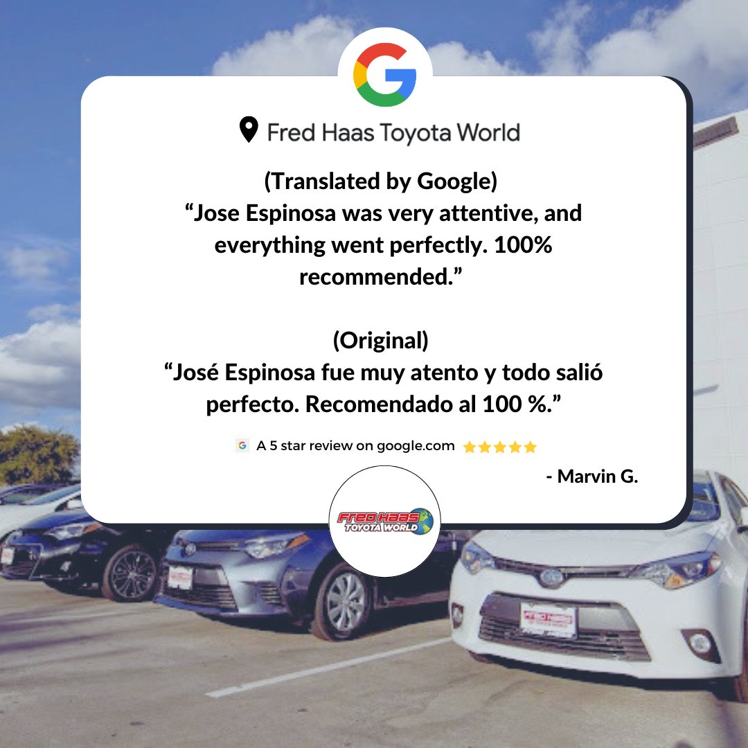 fredhaastoyota's tweet image. Hola Marvin — gracias por compartir su experiencia positiva con nosotros. ¡Esperamos volver a servirle pronto! 🎉 #SpringTX #Houston #HappyCustomers