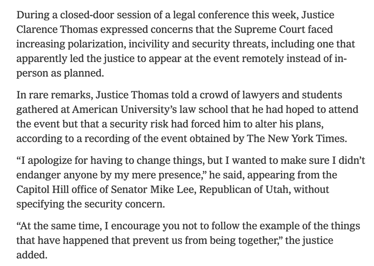 JCNSeverino's tweet photo. Nearly four years after the Dobbs leak, Justice Thomas still can't appear at a public event due to security concerns. https://t.co/1wODigDuEP