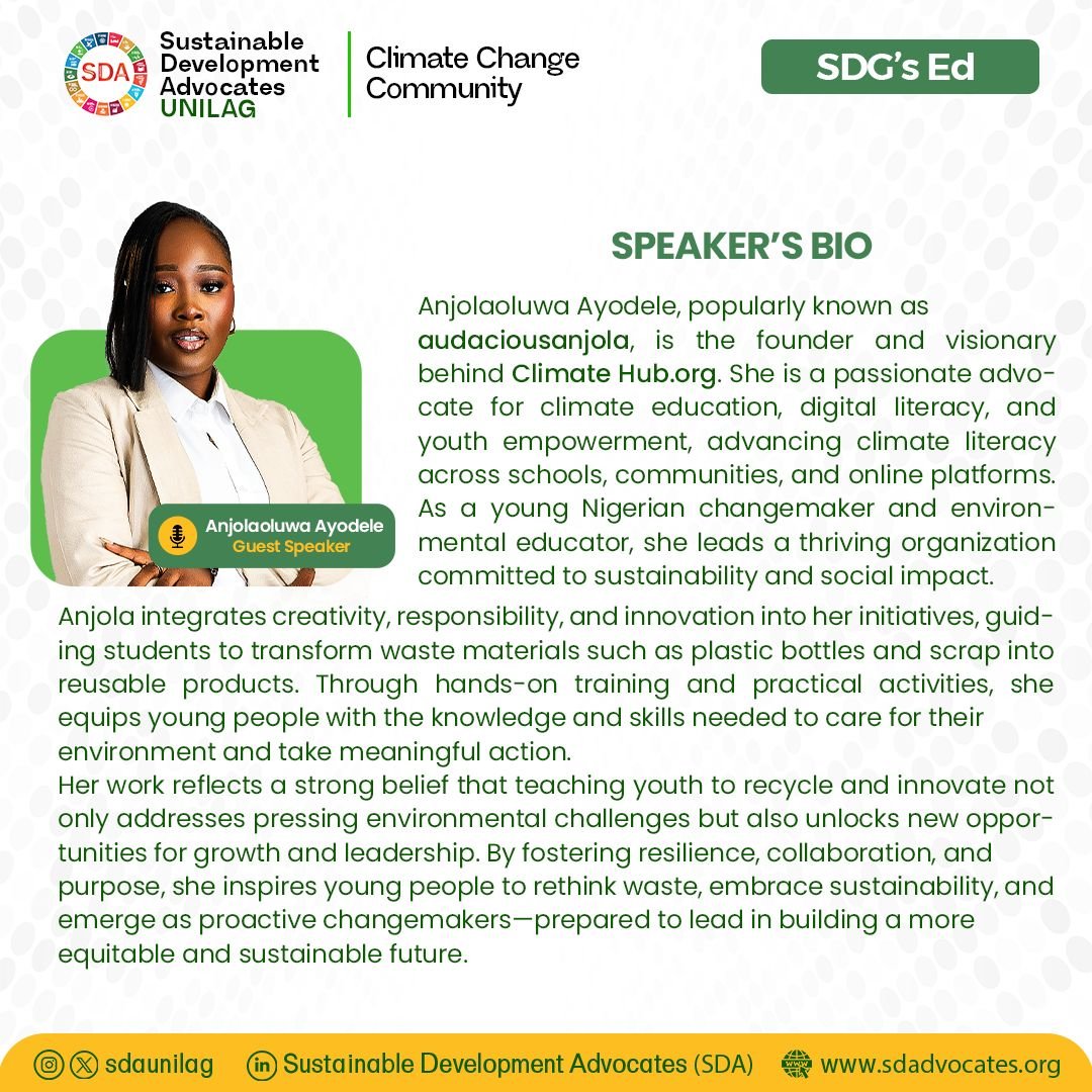 From idea to impact - come learn how a changemaker (Miss Anjolaoluwa Ayodele), harnesses purpose, grit and strategy to create SDG change. 

Join us Sat 28 Feb, by 5:00pm on Google Meet with Climate Change Community. 

Let’s build the future together. 🌍✨

#SDGs #MeetAFounder