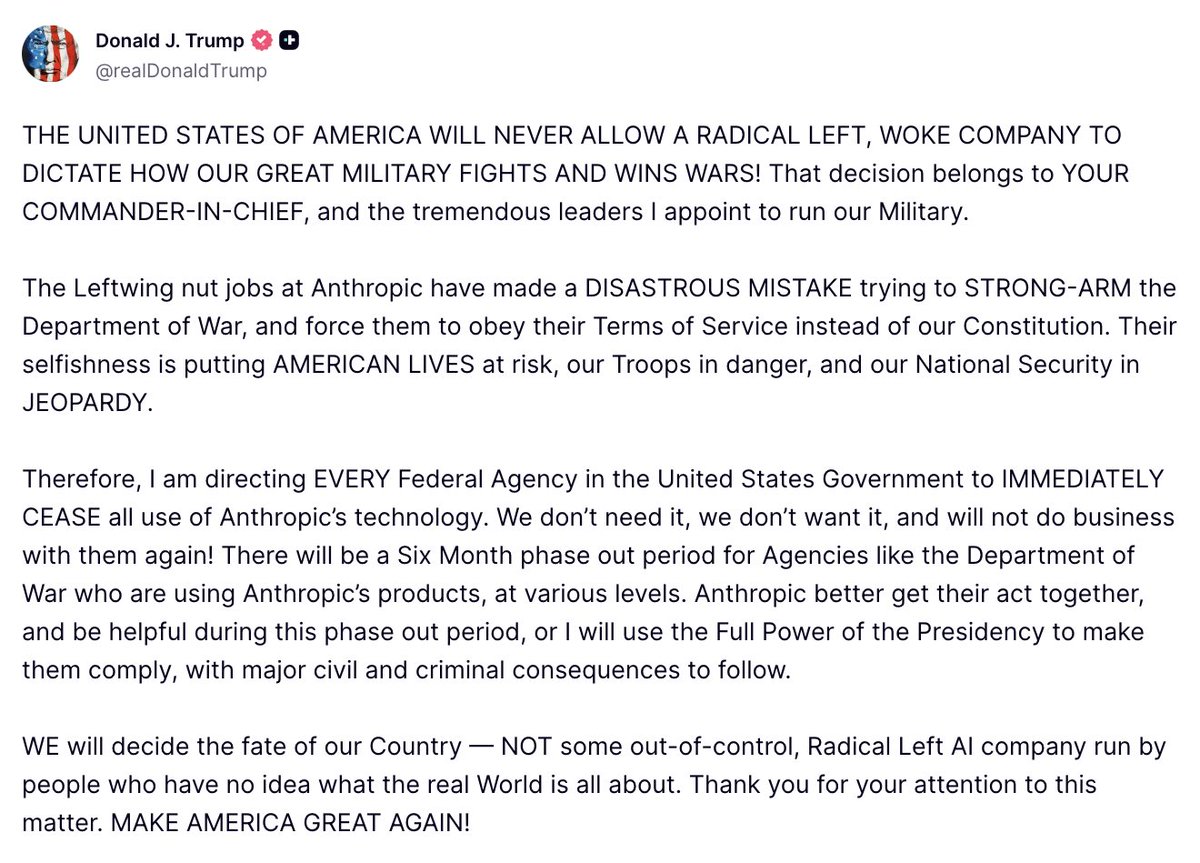 OpenNewNews's tweet photo. @rawsalerts President Trump's complete statement to immediately cease use of Anthropic's technologies https://t.co/dCjsGZ7mQH