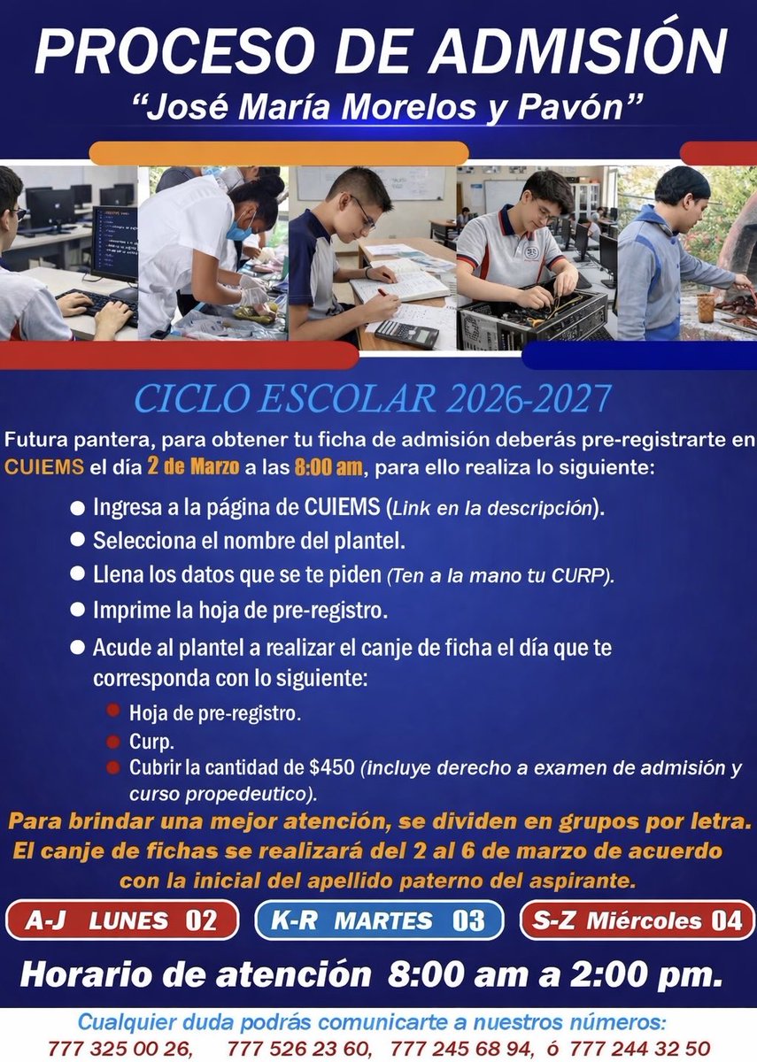 PrefecoTemixco's tweet photo. 🚨 ¡ATENCIÓN FUTURAS PANTERAS! 🐾

📅 El pre-registro inicia el 2 de marzo a las 8:00 am en CUIEMS.
⚠️ Es muy importante realizar tu registro a tiempo para obtener tu ficha.

📌 El canje de fichas se realizará por orden de letra (según tu apellido paterno). https://t.co/ZTHc6oB2vx