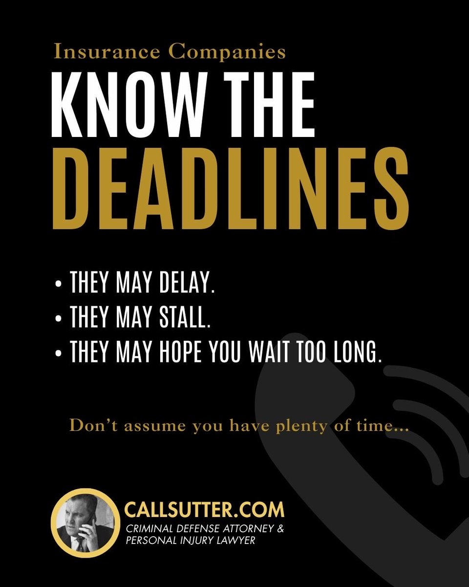 SutterLawGroup's tweet photo. INJURED IN ILLINOIS? 
Most personal injury cases must be filed within 2 years, and some deadlines are even shorter. Insurance companies know this and they may delay.

DON’T WAIT.
https://t.co/bv0Vk2guh4
#IllinoisPersonalInjury https://t.co/OsKe0hieL6
