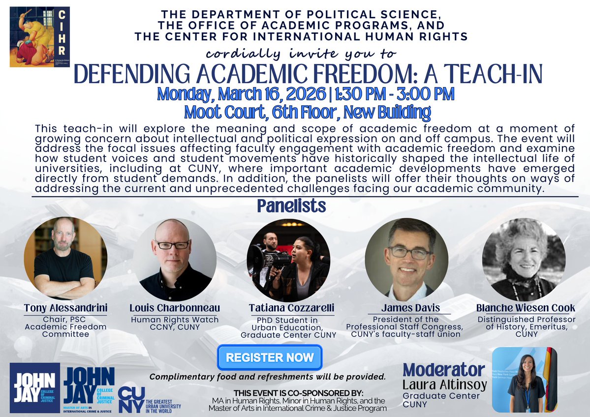 Join us on campus, Monday, March 16th, at 1:30 PM for the next event in our Academic Freedom Series: Academic Freedom: A Teach-In. Register here: forms.office.com/r/a16Bw4d9n2 #academicfreedom