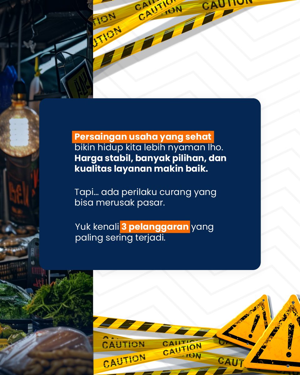 KPPU's tweet photo. Jenis Pelanggaran Persaingan Usaha yang Perlu Kamu Tahu.

Persaingan usaha yang sehat bikin hidup lebih nyaman. Harga stabil, pilihan banyak, dan layanan makin baik.

Tapi… ada juga perilaku curang yang bisa merusak pasar.

Yuk cek infografis berikut untuk mengenali 3 pelanggaran persaingan usaha yang paling sering terjadi.

#KPPU #PersainganSehat #HPU2026 #PersainganSehatdiKeseharianKita