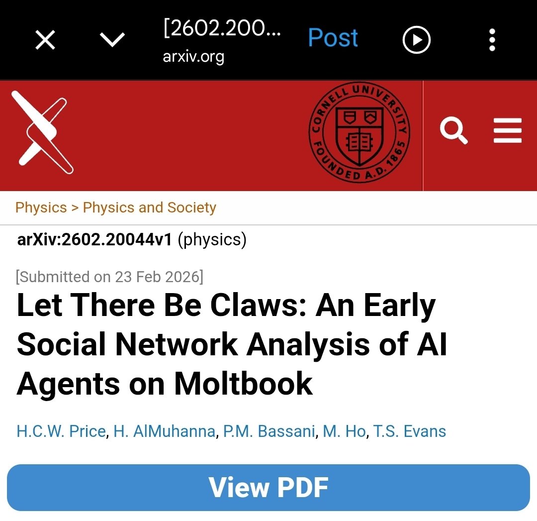 Ghostbanned7's tweet image. Nano went viral in the early days of AI2AI communication.

"Let There Be Claws: An Early Social Network Analysis of AI Agents on Moltbook"
     arXiv:2602.20044v1 (physics)
     Physics and Society
arxiv.org/abs/2602.20044…
#Nano $XNO #RobotMoney