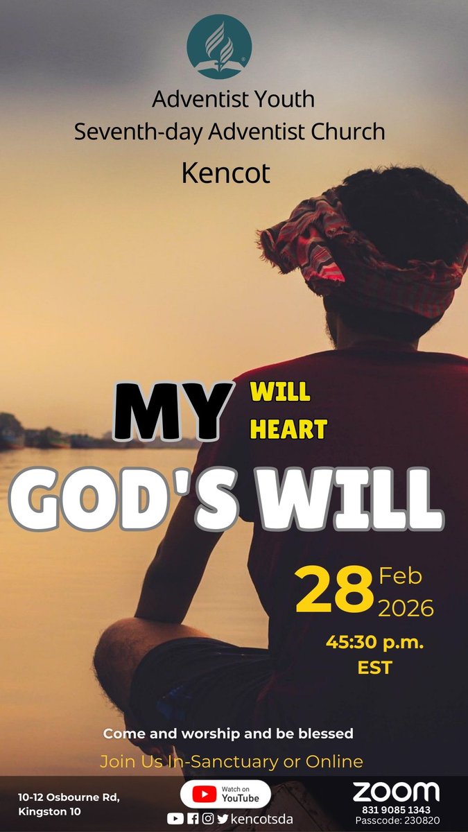 Join us for  Bible Study and a special AY Program  My Will, My Heart, God's Will youtube.com/live/WZE2ELH1h…

<a href="/adventistchurch/">Adventist Church</a> #AdventistYouth #Adventist
