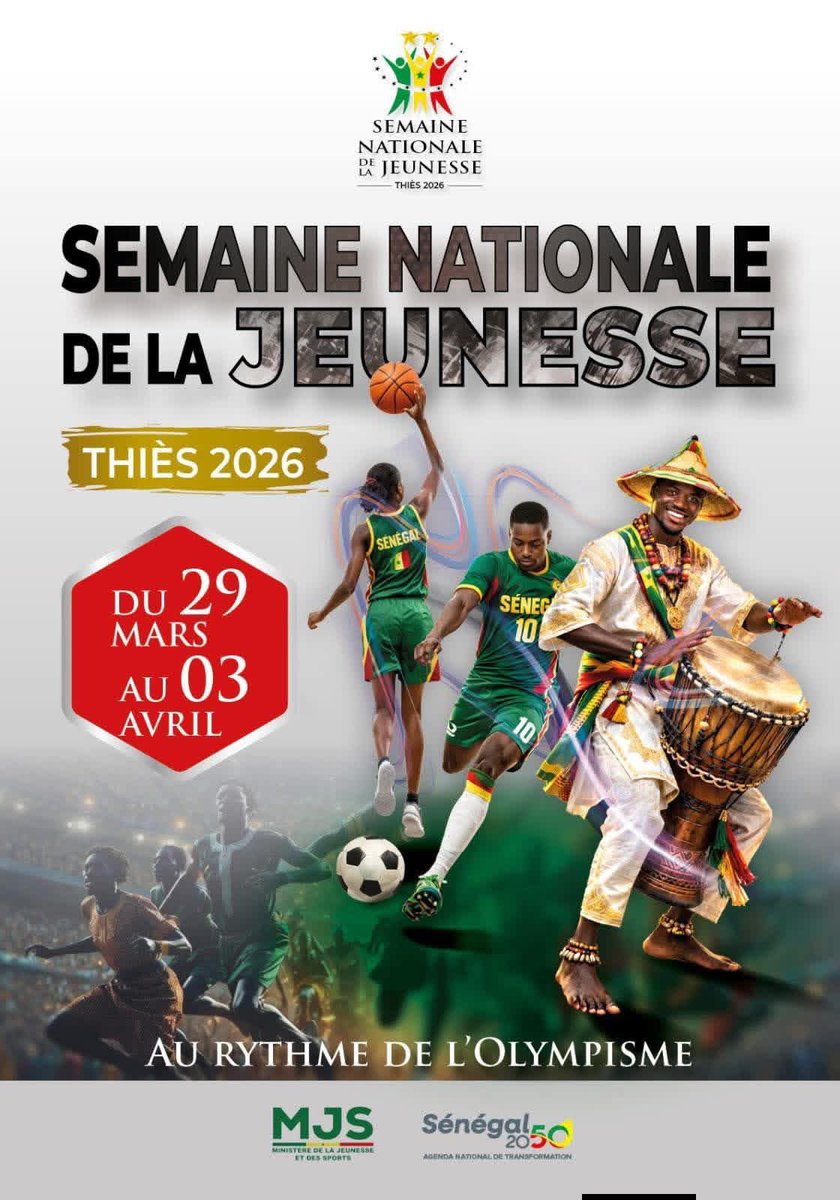 La jeunesse sénégalaise en mouvement.
La Nation en action.

Du 29 mars au 03 avril 2026, la ville de Thiès devient le cœur battant de l’engagement, du sport, de la culture et du génie créatif de notre jeunesse, à l’occasion de la Semaine nationale de la Jeunesse.

Placée sous le