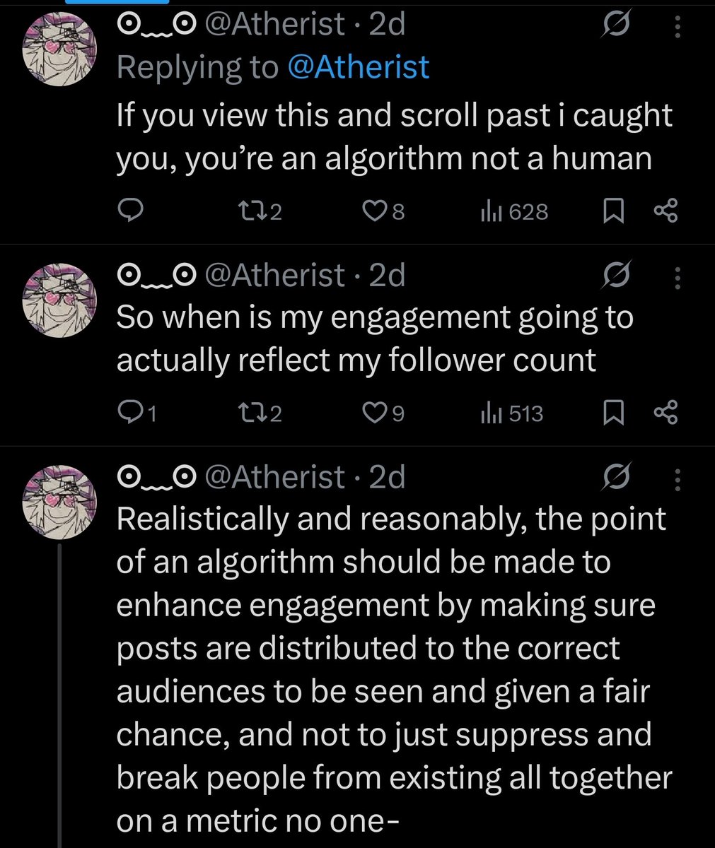 Zoichi20's tweet photo. @Atherist Your latest posts haven't been about your stalker situation, but rather you keep talking about not getting enough engagement. Same with the other message that I showed before where you said to people "you are all eating shit". https://t.co/xVGkxAPl1e