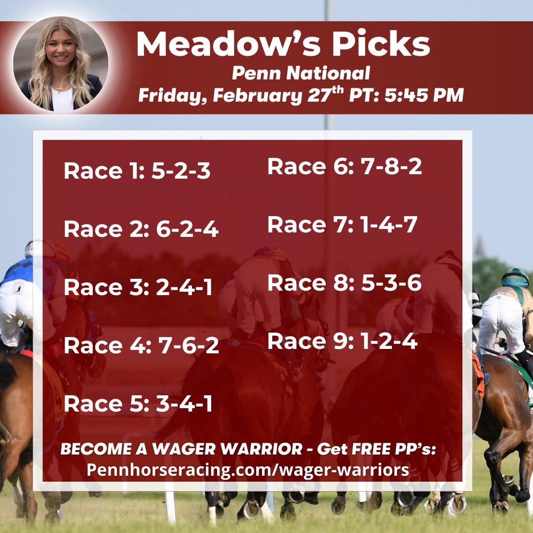 PennHorseRacing's tweet photo. Here are our picks for this evening’s card at Penn National! 🏇 As a reminder, head to https://t.co/0at2BJFgra for FREE PPs.

@HollywoodPenn - @PA_HBPA - #FreePPs #WagerWarriors #PennNational #HarnessRacing #HorseRacing https://t.co/OTOkhQJhTt
