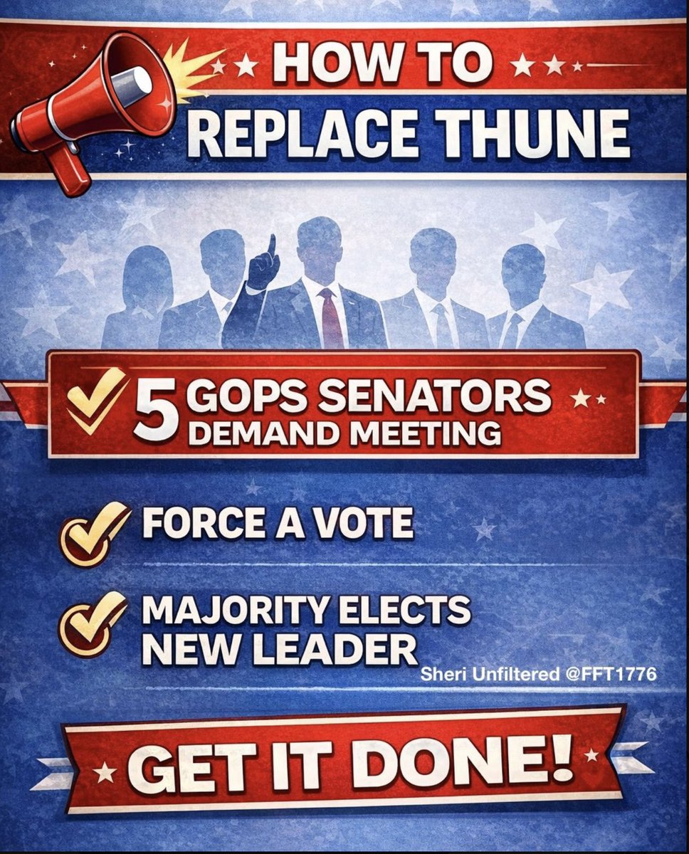 <a href="/NanLee1124/">NanLee Marie Carissimi</a> <a href="/RogerJStoneJr/">Roger Stone</a> It only takes FIVE GOP Senators with guts to initiate the process of changing the chamber's Leadership.
Time to close Thune Theater.
He is an Enemy of We The People.
<a href="/SenateGOP/">Senate Republicans</a>
<a href="/POTUS/">President Donald J. Trump</a>
<a href="/JDVance/">JD Vance</a>