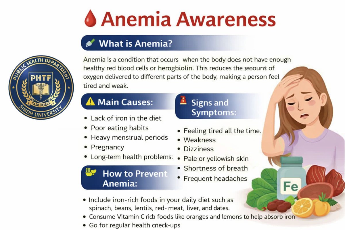 Health_force23's tweet photo. 🩸 Anemia Awareness
📌 What is Anemia?
Anemia is a condition that occurs when the body does not have enough healthy red blood cells or hemoglobin. This reduces the amount of oxygen delivered to different parts of the body, making a person feel tired and weak.
#PHTF @WHO @UNICEF https://t.co/2O0MoegBNT