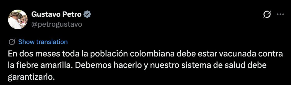 <a href="/petrogustavo/">Gustavo Petro</a> Presidente, pero usted en abril de 2025 dijo que en 2 meses iba a vacunar a todo el país contra la fiebre amarilla y eso nunca pasó.