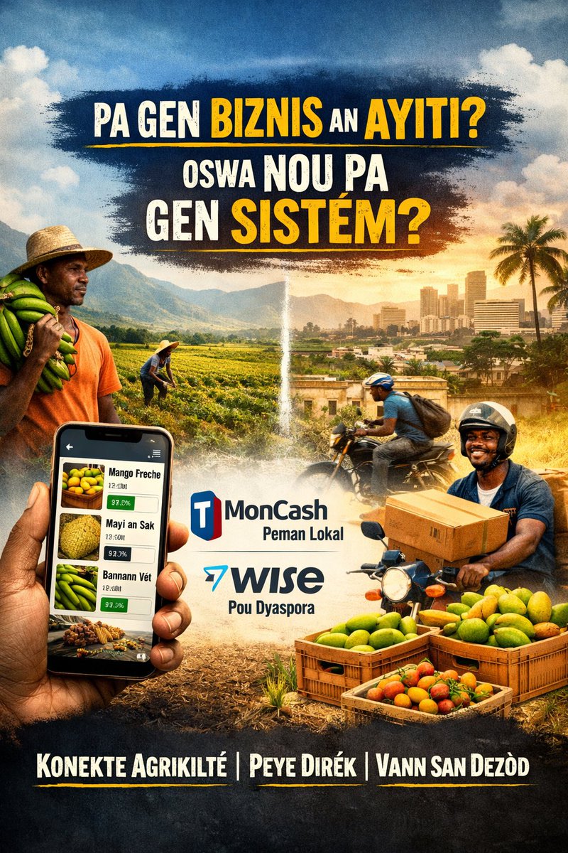 LynnGedeon's tweet photo. IDE Biznis #1 – Ayiti (Agrikilti) 🇭🇹

Chak ane, milye tòn rekòt ap pèdi.
Mango ap pouri anba pye bwa.
Legim ap gate sou kamyon.
Agrikiltè ap travay di… men yo pa touche sa yo merite.

An menm moman an:

Dyaspora voye plis pase 3 milya dola chak ane.
Fanmi ap chèche manje fre.
Machann ap chèche pwodwi.

Sa vle di pwoblèm nan pa mank lajan.
Pa mank pwodiksyon.
Pa mank kliyan.

Se mank koneksyon.

Imajine yon app ki fè yon sèl bagay:
Retire dezòd la.

Agrikiltè poste sa yo genyen.
Pri klè.
Kantite klè.
Kote klè.

Yon moun jere lojistik la.
Asire livrezon.
Asire peman agrikiltè a resevwa lajan li san pale anpil.

Kliyan achte dirèk.
MonCash pou peman lokal.
Wise pou dyaspora ki vle achte pou fanmi yo.

Nou konfonn povrete ak mank opòtinite.
Men anpil fwa, povrete se mank estrikti.

Gen jèn k ap pase 6 èdtan pa jou sou TikTok.
Men menm telefòn sa ka vin yon mache dijital.

Gen moun k ap di pa gen anyen nan peyi a.
Men prèske chak pwoblèm Ayiti genyen…
se yon biznis ki poko konstwi.

Ou ka vin yon Madan Sara modèn.
Ou ka bati pon ant tè a ak mache a.

Ban m chita tann eskiz yo.