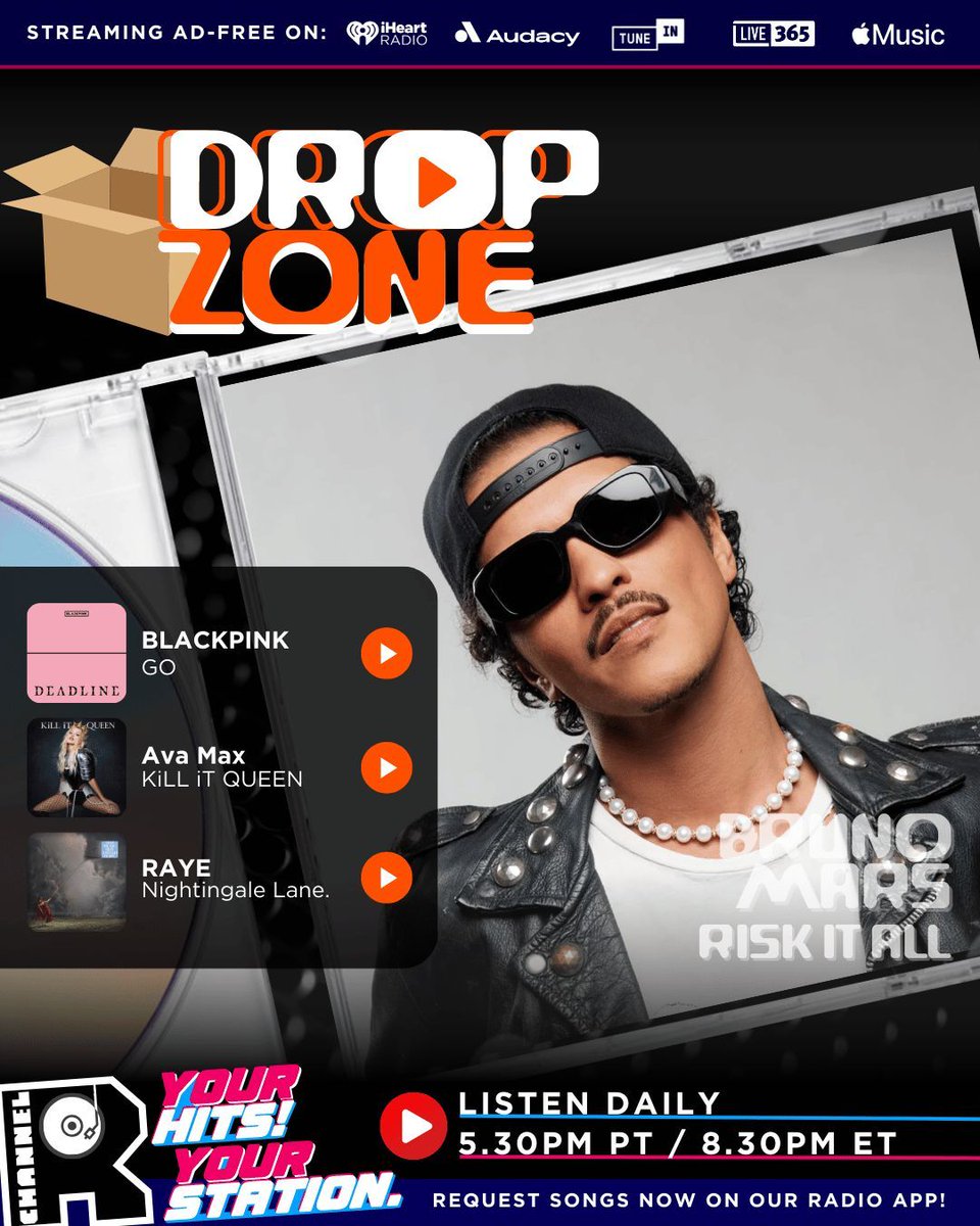 channelrradio's tweet photo. 🔥 It’s #NewMusicFriday on #ChannelRDropZone, where the freshest hits land FIRST! 

🌟 Today’s drops: BLACKPINK, Ava Max, Bruno Mars, RAYE, Alex Warren &amp; more!

🎵Tune in TONIGHT &amp; every day at 5.30pm PT/8.30pm ET. Listen here: https://t.co/RHmz0RSvJQ https://t.co/nOSbb5mMli