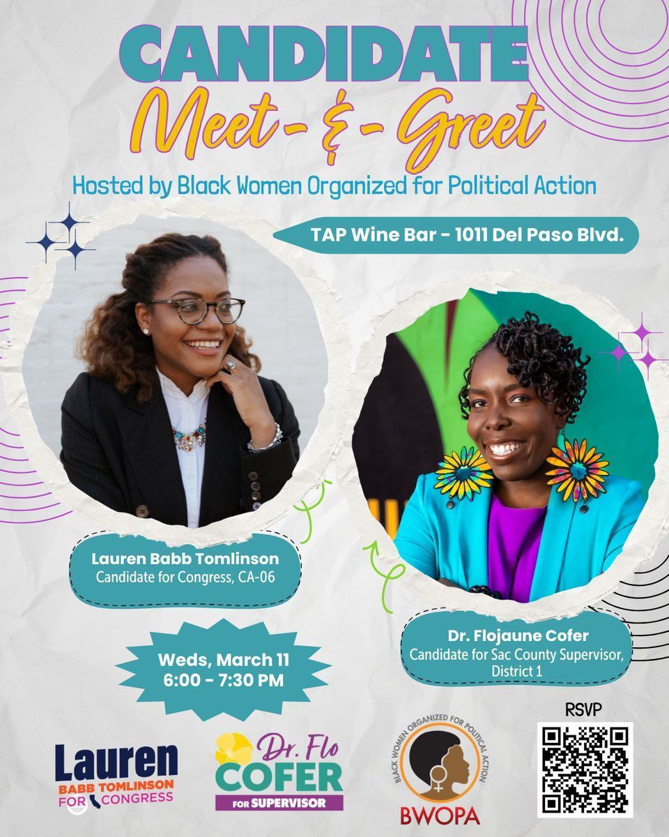 Flo4Sacramento's tweet image. Register today! @BwopaSacramento is hosting for a meet-and-greet with Lauren Babb Tomlinson, candidate for Congressional District 6 and Dr. Flojaune Cofer, candidate for Sacramento County Board of Supervisors Distrct 1. 

🌼 buff.ly/FngbqcA

#FloForSac @LBTforCongress