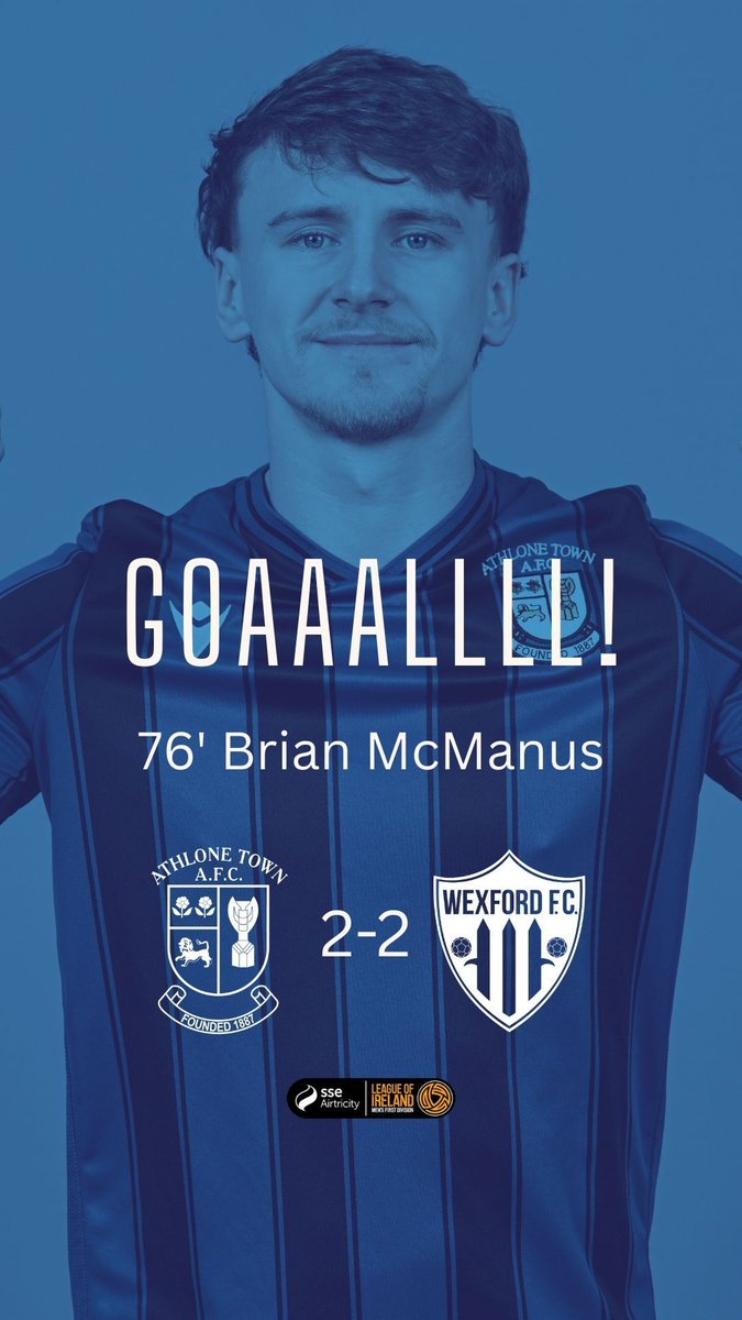 AthloneTownAFC's tweet photo. 76' GOOAAAALLLL ATHLONE!
Brian McManus gets a touch on Aaron Connolly's in-swinging corner and we're back level! C'MON THE TOWN! 2-2 #ATHWEX https://t.co/9o4JL4AD8S