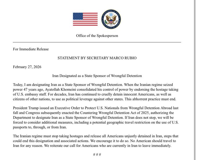 Osint613's tweet photo. BREAKING: 🔴

U.S. Secretary of State Marco Rubio released a statement, saying he is designating Iran as a "State Sponsor of Wrongful Detention."

"If Iran does not stop, we will be forced to consider additional measures, including a potential geographic travel restriction on the use of U.S. passports to, through, or from Iran.

The Iranian regime must stop taking hostages and release all Americans unjustly detained in Iran, steps that could end this designation and associated actions. We encourage it to do so. No American should travel to Iran for any reason. We reiterate our call for Americans who are currently in Iran to leave immediately.
