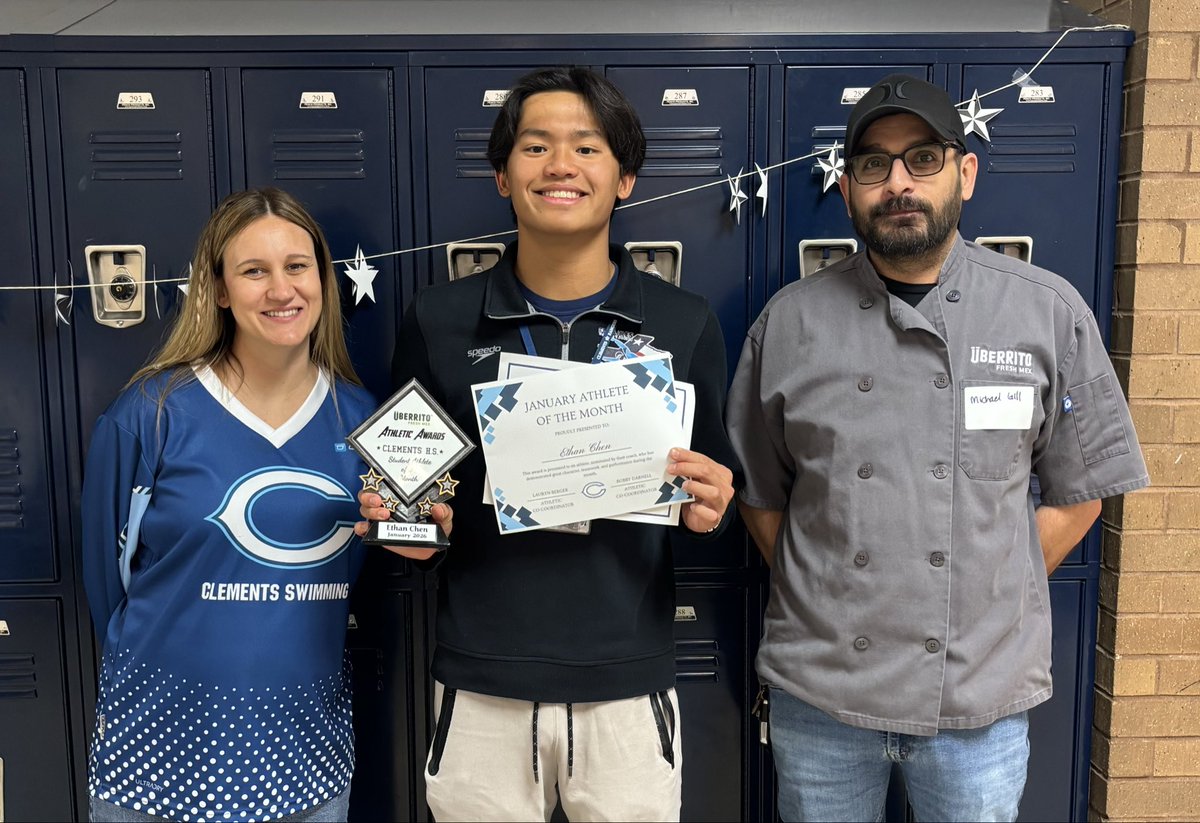 BergerLauryn's tweet photo. Congrats to Ethan Chen from the Swim team who received the January Clements Athlete of the Month award, and Coach Tielke of @ClementsCheer for being awarded January Clements Coach of the Month! Thanks to Uberrito for your sponsorship of this award!! @CHS_Rangers #RangerReady https://t.co/u7l8GXlGwo