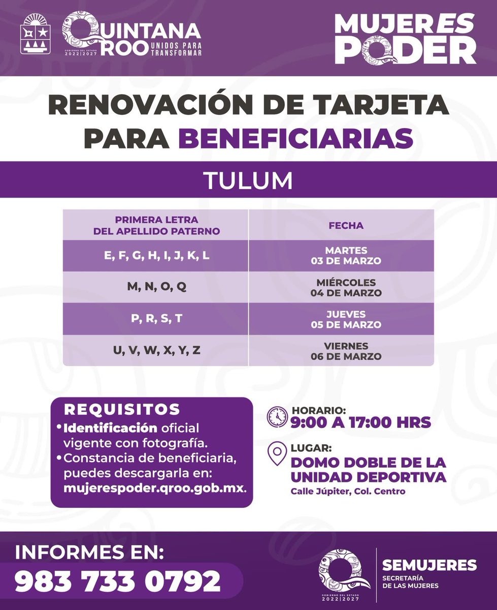 MaraLezama's tweet photo. 🙋🏽‍♀️Amiga beneficiaria de #MujerEsPoder, es momento de realizar la renovación de tu tarjeta. 💳

📅 Del 2 al 9 de marzo
⏰ 9:00 a 17:00 horas

🔎 Paso 1: Ingresa tu CURP y descarga tu constancia de beneficiaria activa en:
👉 https://t.co/YC4MxFsX7N

📌 Paso 2: Acude el día asignado a tu municipio y lleva:
 ✅Constancia impresa o archivo digital 
 ✅Identificación oficial con fotografía

También te compartimos los calendarios por municipio, fecha y hora. 

Prepara tus documentos y realiza tu proceso a tiempo. 💳

#HumanistaConCorazónFeminista